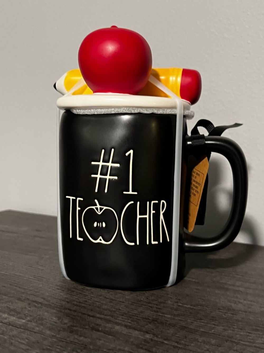 Rae Dunn Black "#1 Teacher" Ceramic Mug with Pencil & Apple Accents